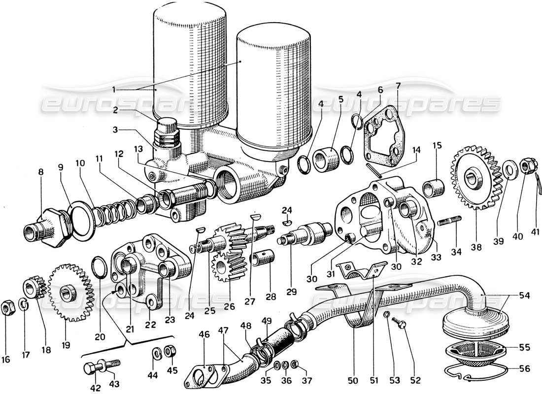 ferrari 330 gtc coupe diagramma delle parti della pompa dell'olio e dei filtri