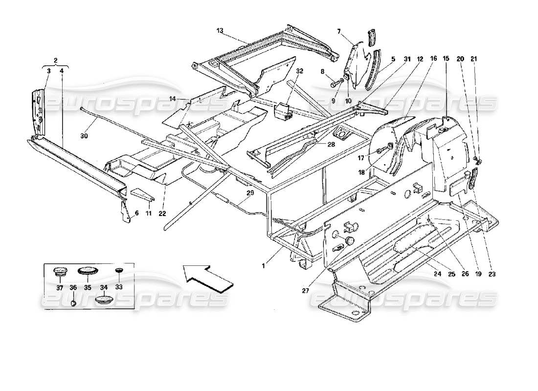 ferrari mondial 3.4 t coupe/cabrio scocca: elementi interni - parte posteriore - schema delle parti cabriolet