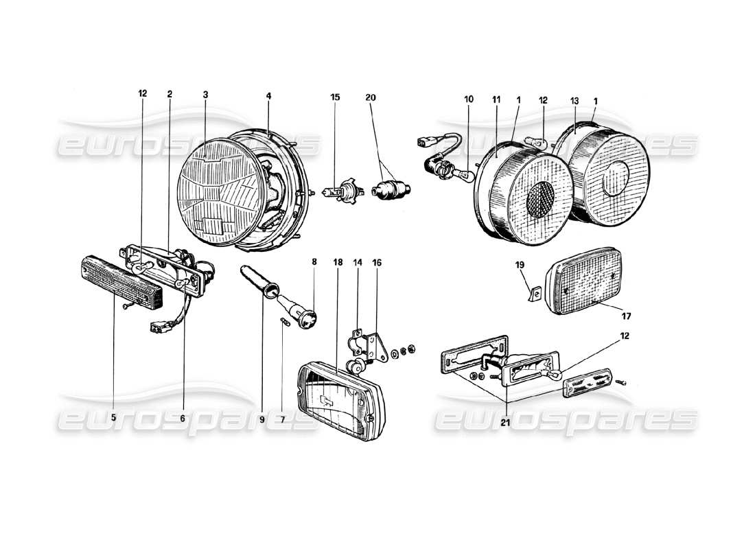 ferrari 308 gtb (1980) diagramma delle parti delle luci (varianti per versioni rhd - aus).