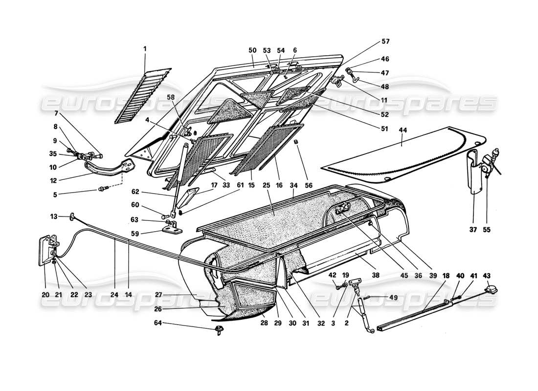 ferrari 308 gtb (1980) schema delle parti della copertura del cofano posteriore e del vano bagagli