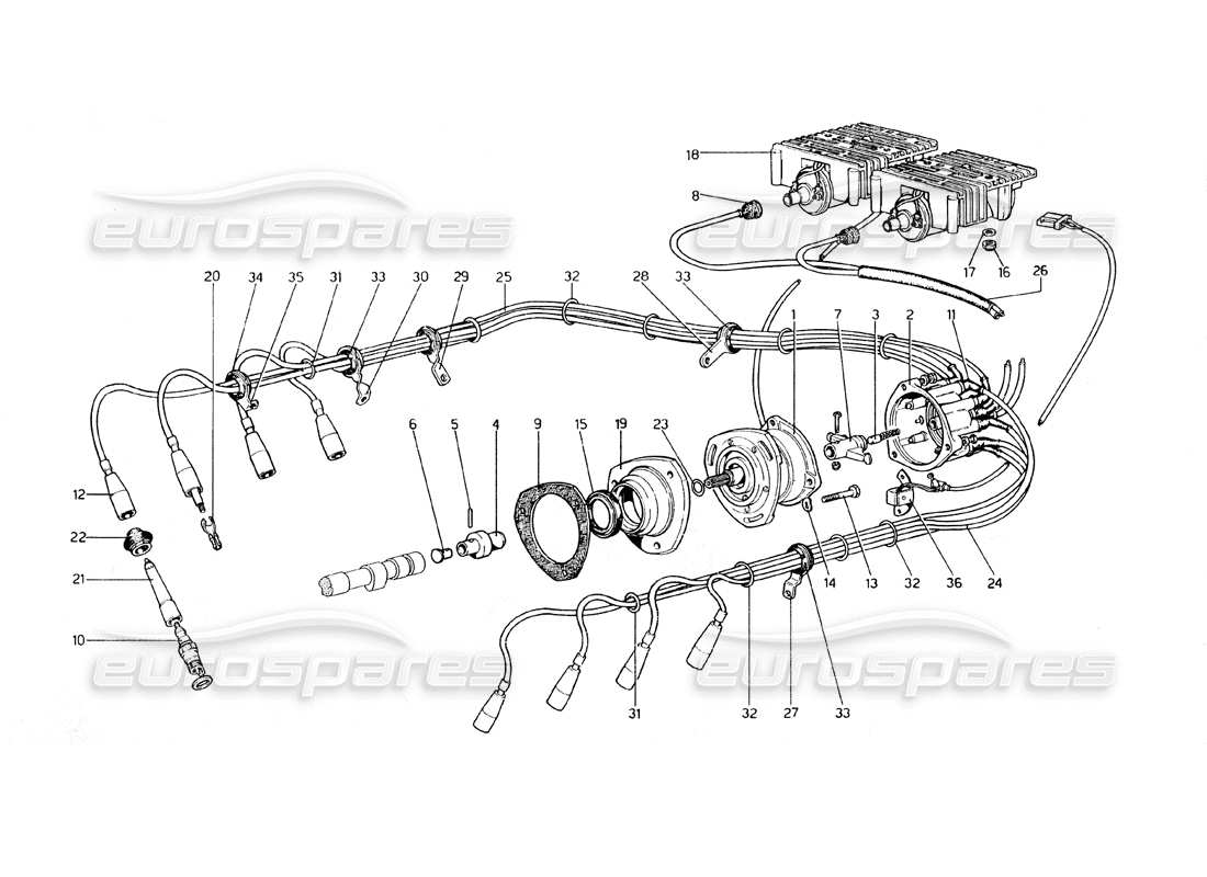 ferrari 308 gt4 dino (1979) schema delle parti accensione motore (da n. 14070 gs - 14020 gd).