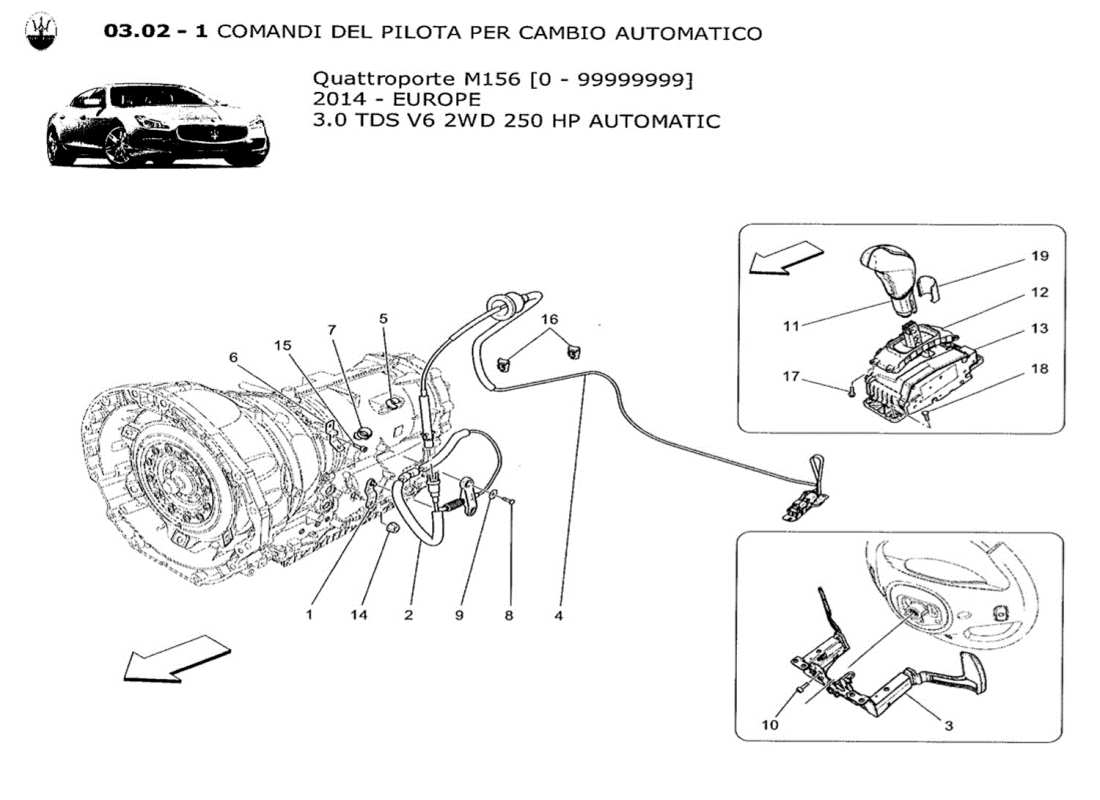 maserati qtp. v6 3.0 tds 250bhp 2014 comandi del conducente per il diagramma delle parti del cambio automatico