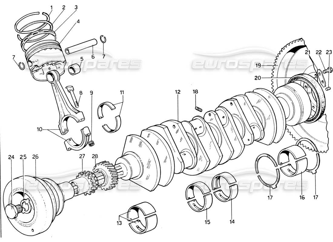 ferrari 365 gtb4 daytona (1969) diagramma delle parti di albero motore, bielle e pistoni