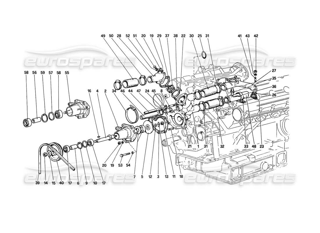 ferrari 308 gtb (1980) diagramma delle parti della pompa dell'acqua e delle tubazioni