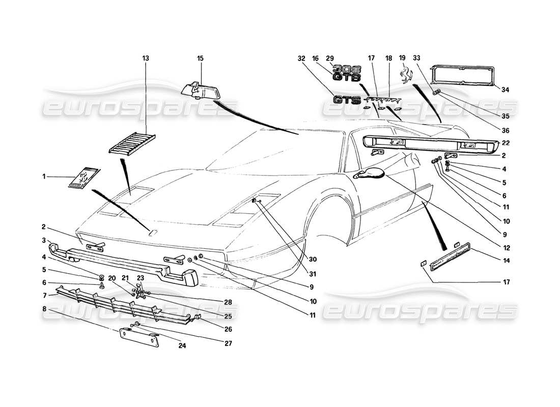 ferrari 308 gtb (1980) paraurti e modanature diagramma delle parti