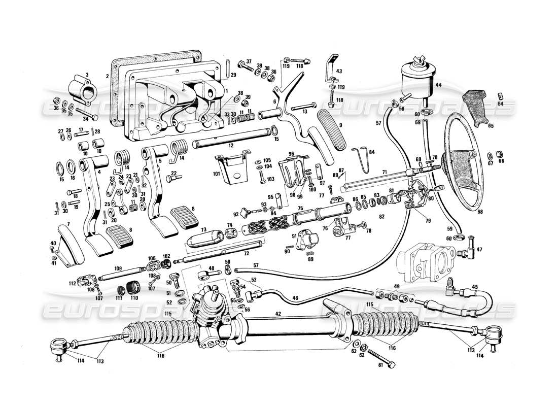maserati qtp.v8 4.9 (s3) 1979 schema delle parti delle parti dello sterzo e dei pedali