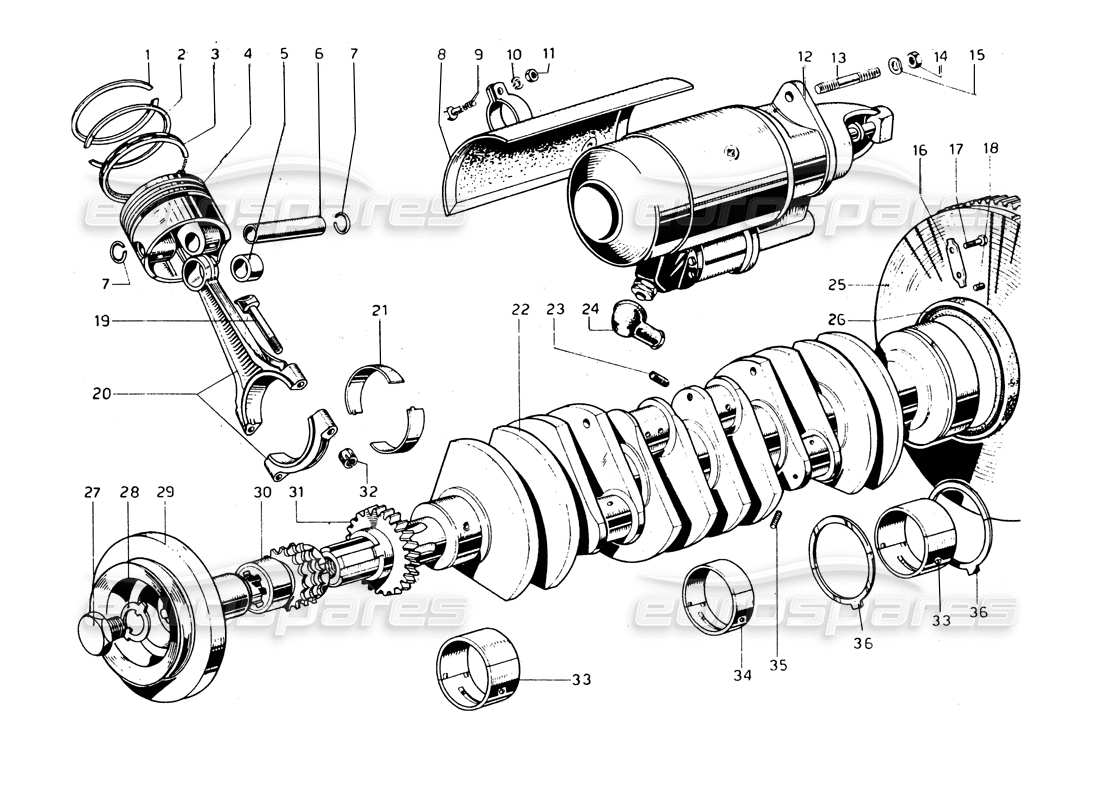 ferrari 275 gtb/gts 2 cam diagramma delle parti di albero motore, bielle e pistoni