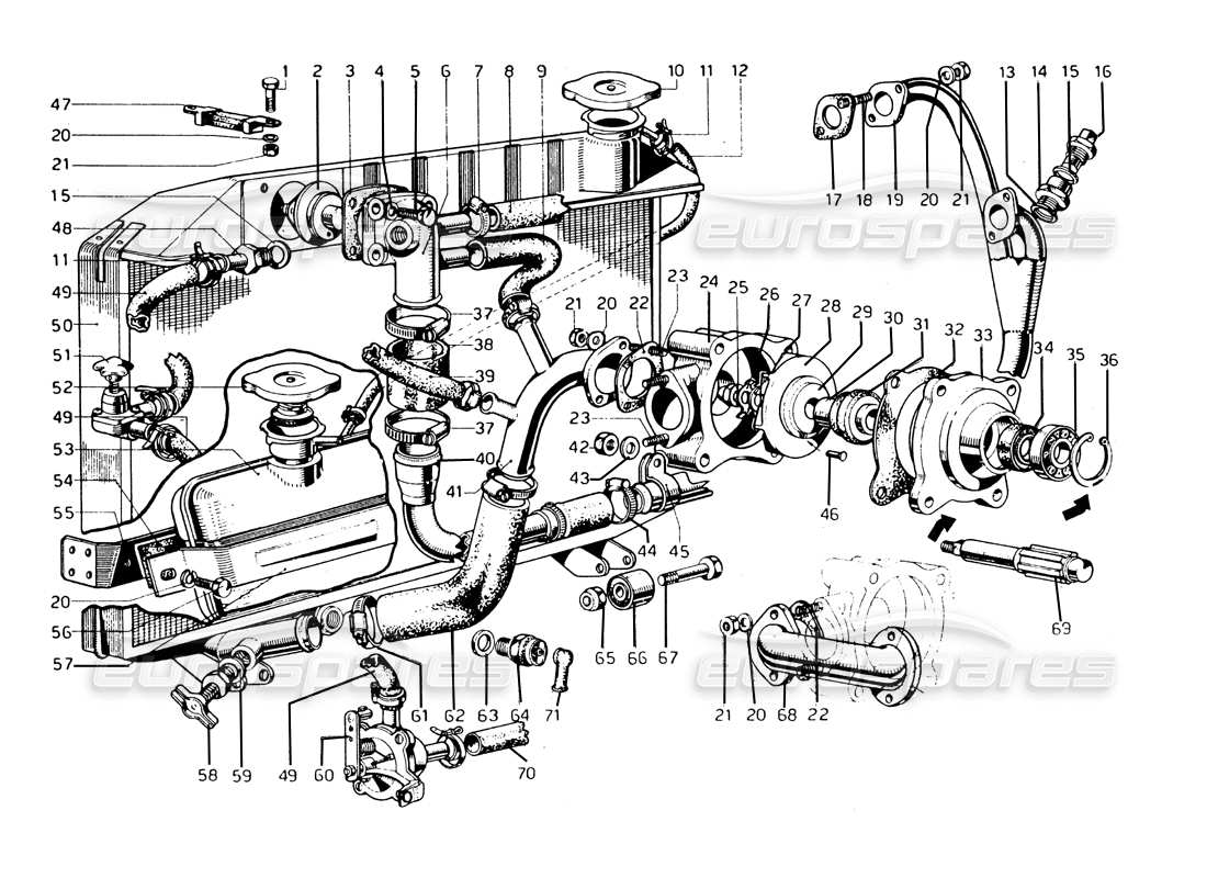 ferrari 275 gtb/gts 2 cam schema delle parti del radiatore dell'acqua e della pompa dell'acqua