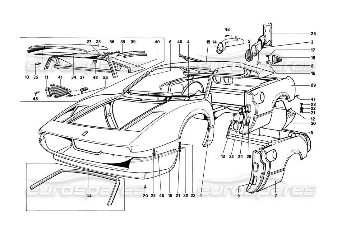 ferrari 308 gtb (1980) scocca - diagramma delle parti degli elementi esterni