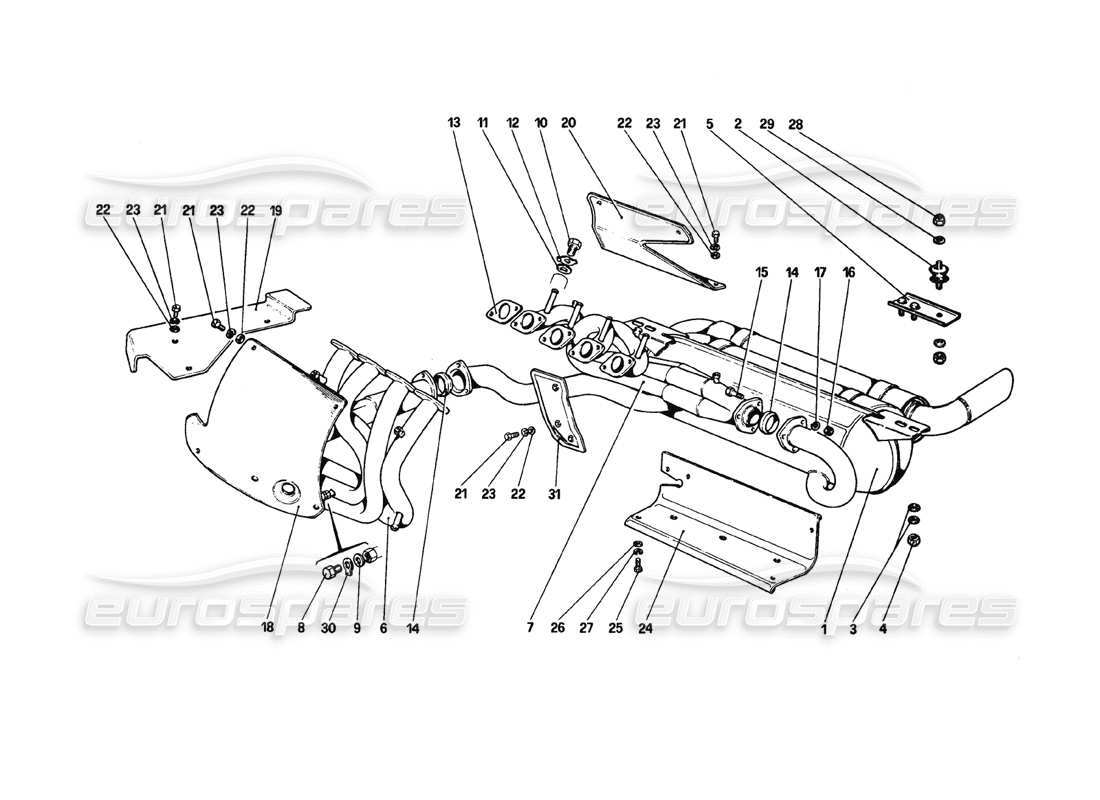 ferrari 308 gtb (1980) diagramma delle parti del sistema di scarico