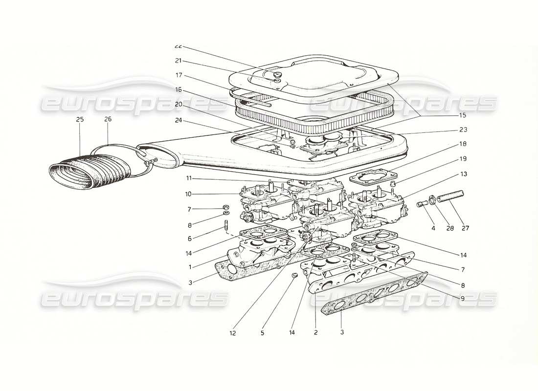 ferrari 308 gt4 dino (1976) carburatori e filtro dell'aria diagramma delle parti