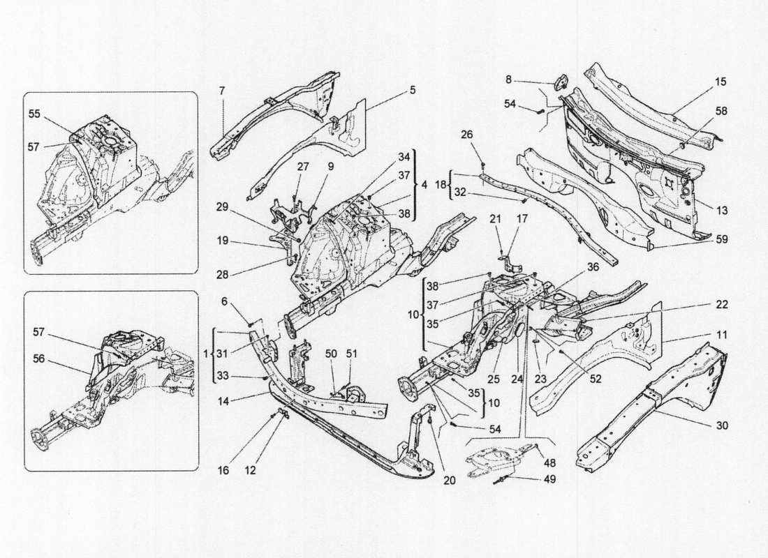 maserati qtp. v6 3.0 bt 410bhp 2wd 2017 schema delle parti dei telai strutturali anteriori e dei pannelli in lamiera