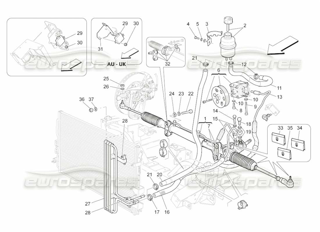 maserati grancabrio (2010) 4.7 schema delle parti della scatola dello sterzo e della pompa dello sterzo idraulica
