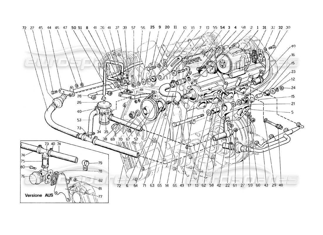 ferrari 308 gt4 dino (1979) diagramma delle parti della pompa dell'aria e delle tubazioni (varianti per gli usa - versione aus e j).