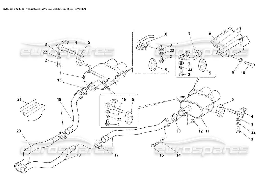 maserati 3200 gt/gta/assetto corsa sistema di scarico posteriore diagramma delle parti