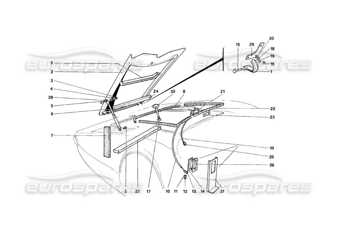 ferrari 308 (1981) gtbi/gtsi coperchio dello scomparto anteriore diagramma delle parti