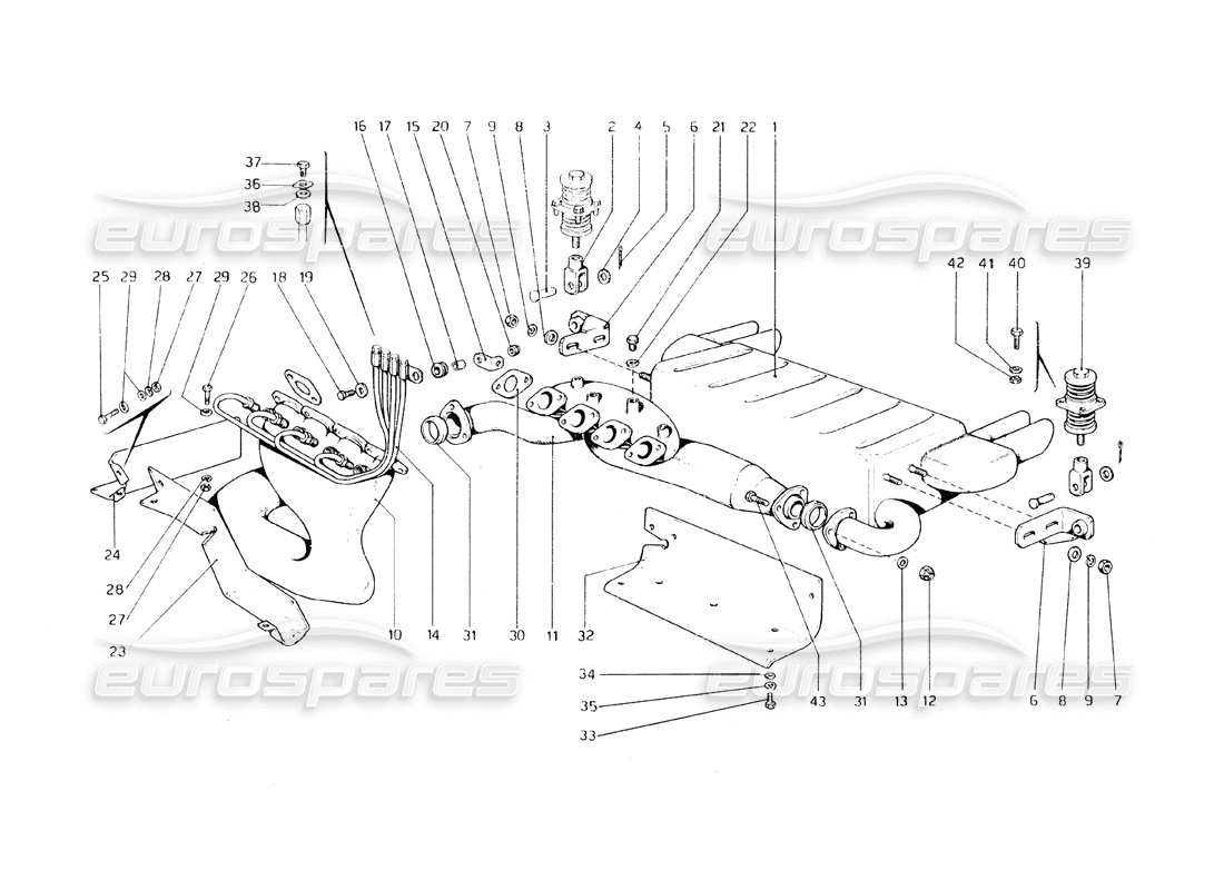 ferrari 308 gt4 dino (1979) schema delle parti del sistema di scarico (varianti per usa - versione aus e j).