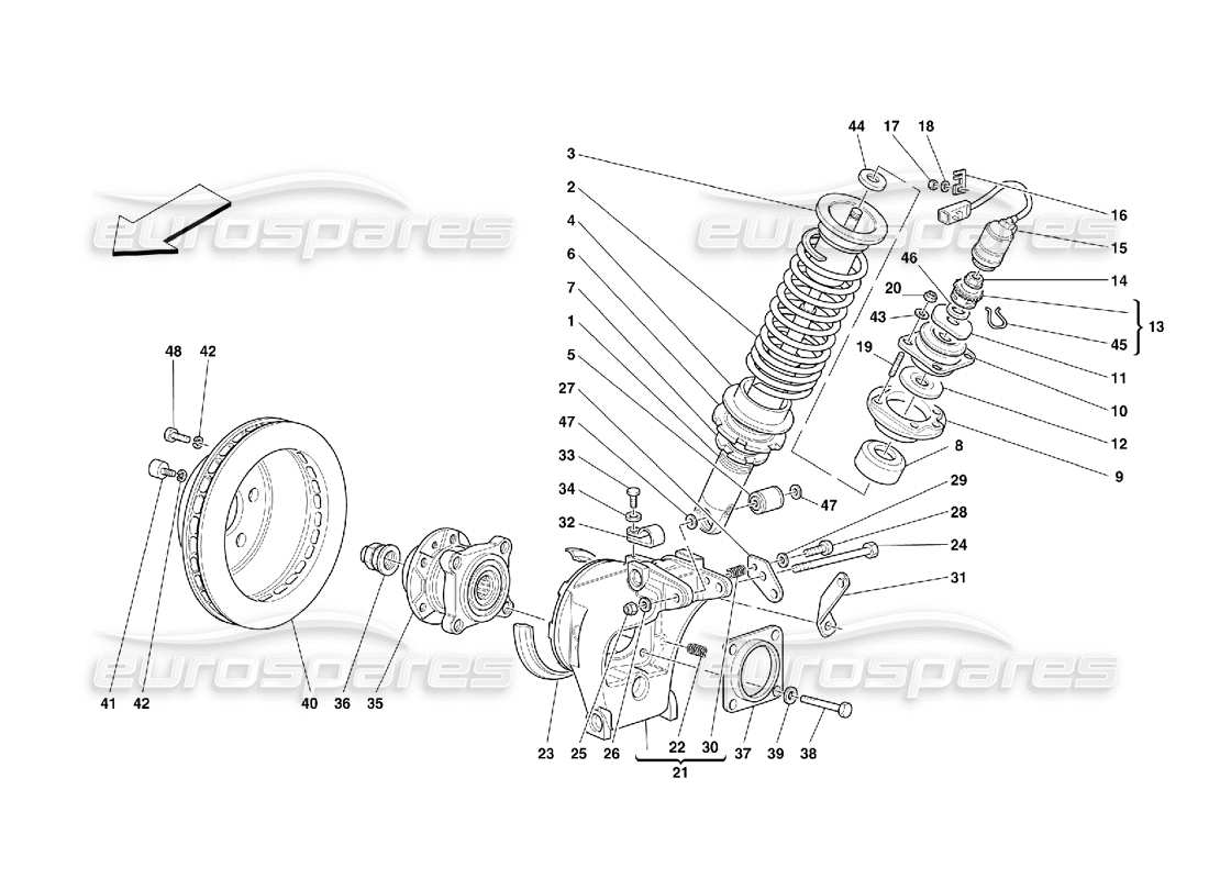 ferrari 355 (5.2 motronic) sospensione posteriore - ammortizzatore e disco freno schema parte