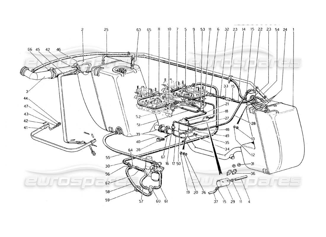 ferrari 308 gt4 dino (1979) schema delle parti del sistema di controllo delle emissioni antievaporative (varianti per usa - versione aus e j).