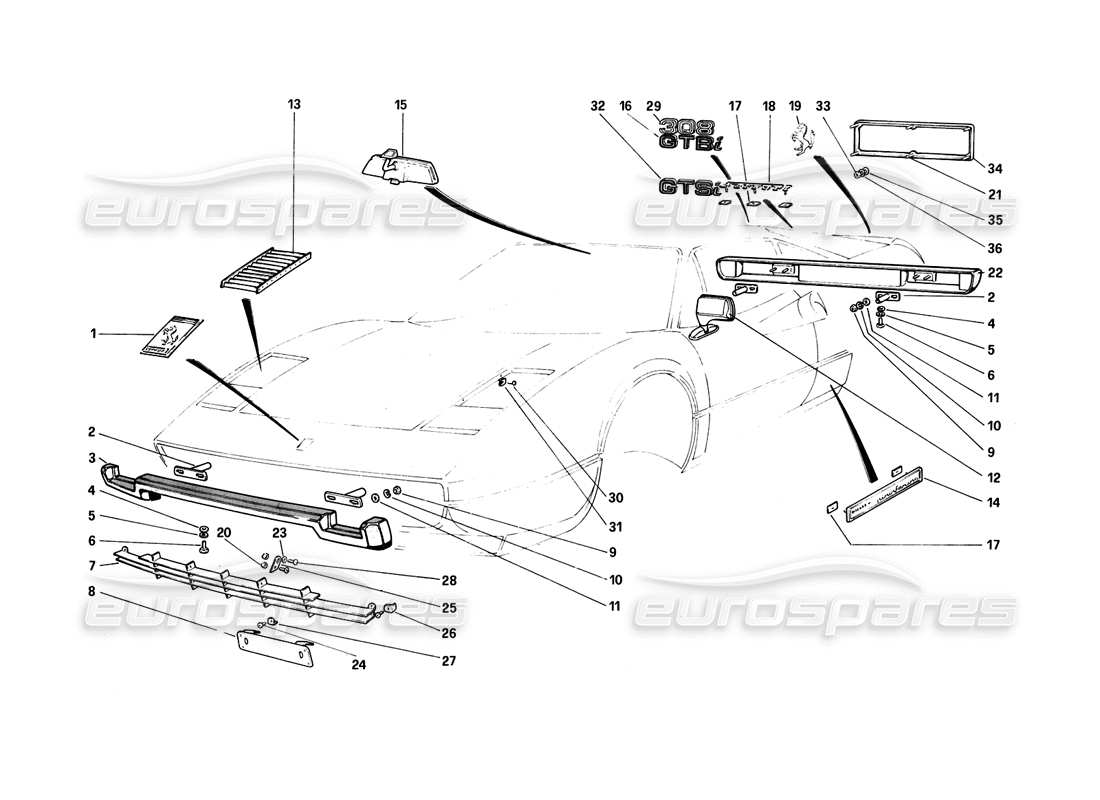 ferrari 308 (1981) gtbi/gtsi diagramma delle parti di paraurti e modanature