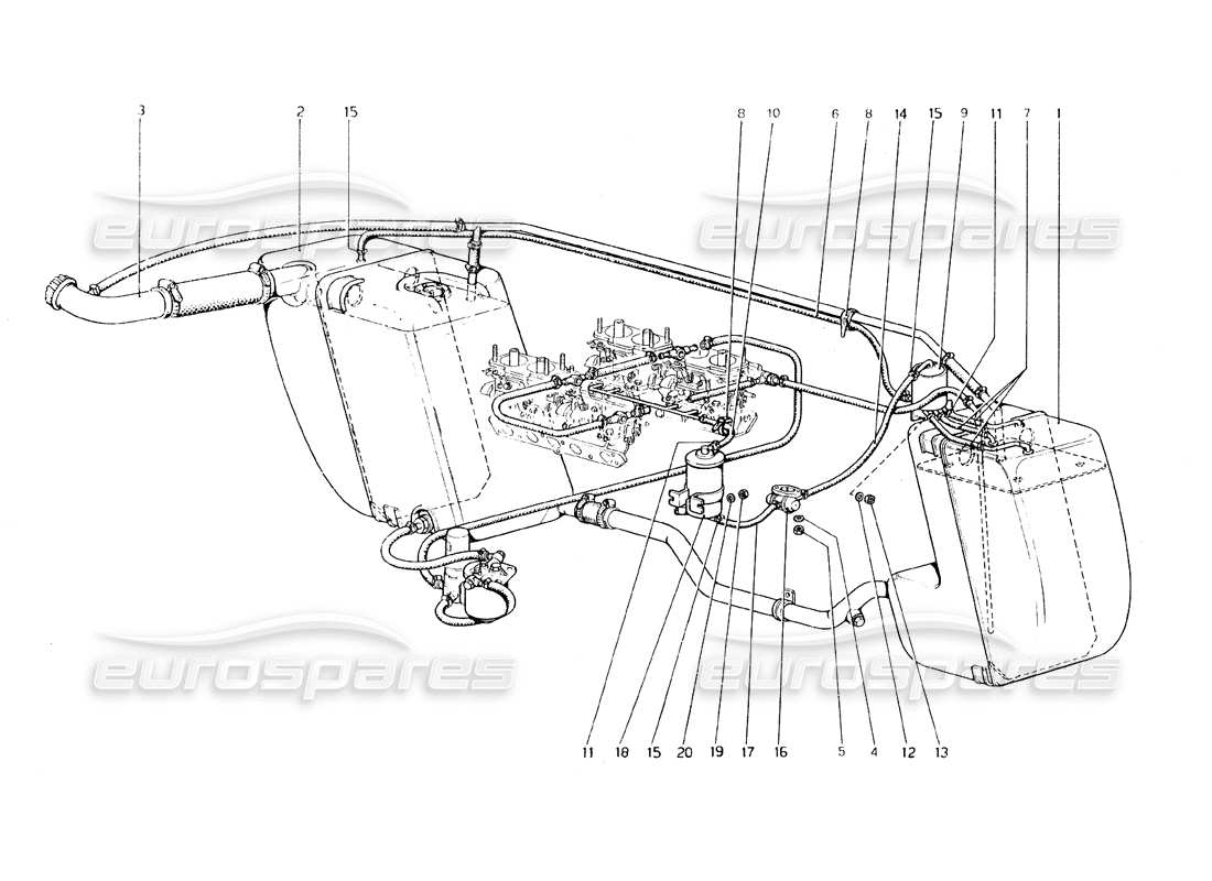 ferrari 308 gt4 dino (1979) schema delle parti del sistema di controllo delle emissioni antievaporative (varianti per usa - versione aus e j).