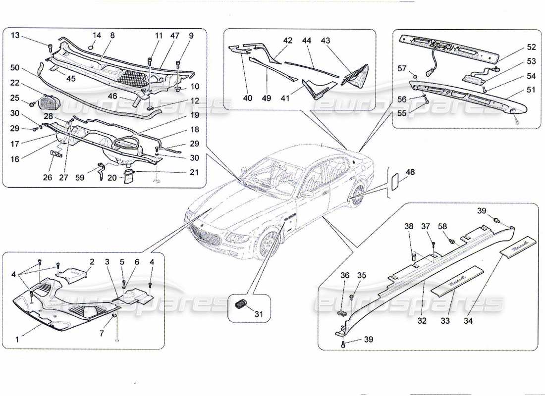 maserati qtp. (2010) 4.7 schema delle parti di scudi, finiture e pannelli di copertura