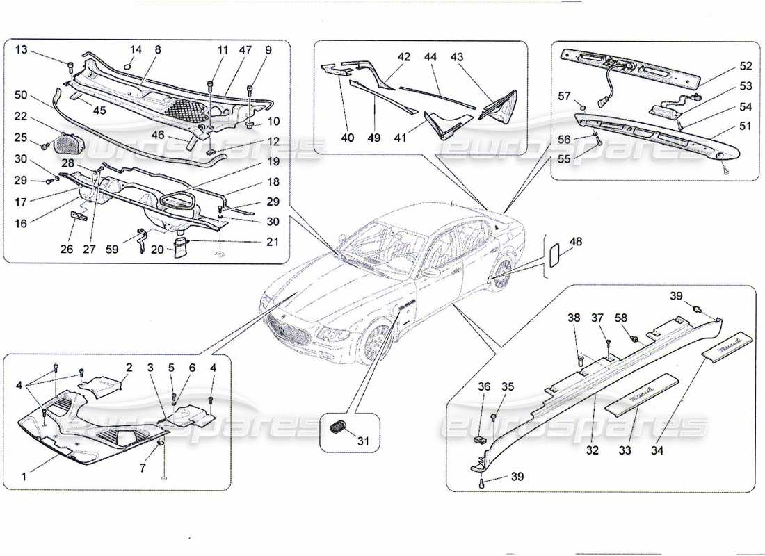 maserati qtp. (2010) 4.7 schema delle parti di scudi, finiture e pannelli di copertura