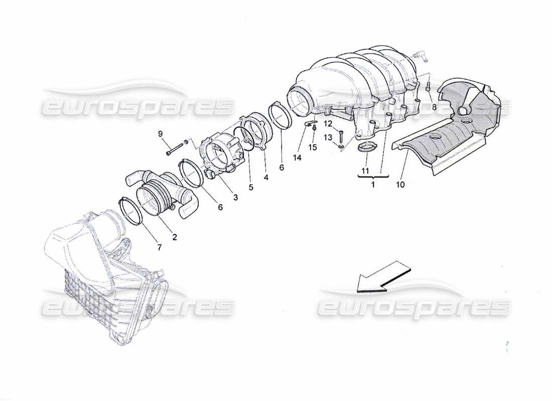 maserati qtp. (2010) 4.7 schema della parte del collettore di aspirazione e del corpo farfallato