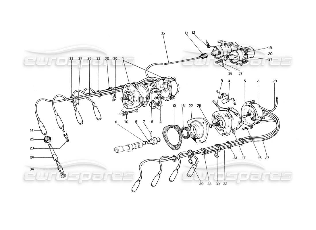 ferrari 308 gt4 dino (1979) diagramma delle parti dell'accensione del motore (varianti per usa - versione aus e j).