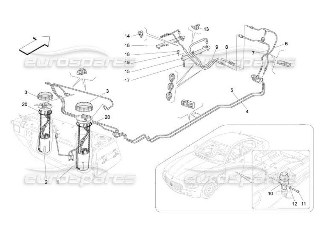 maserati qtp. (2005) 4.2 diagramma delle parti delle pompe del carburante e delle linee di collegamento