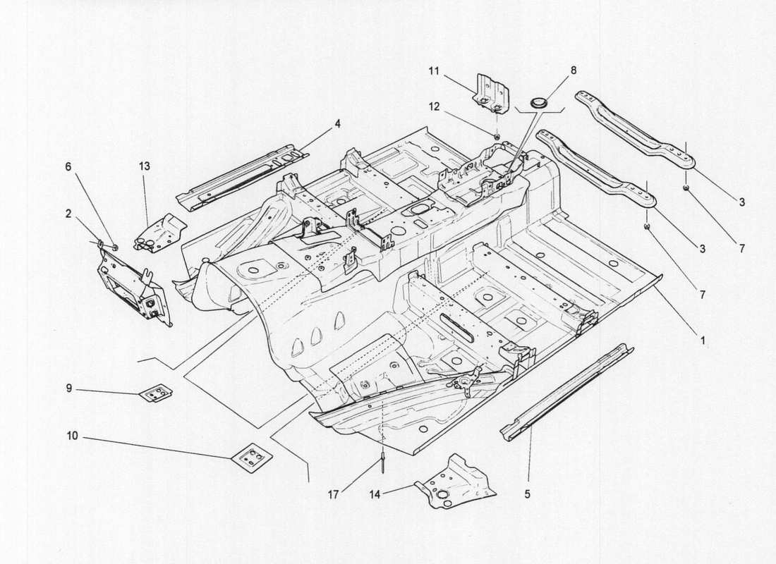 maserati qtp. v6 3.0 bt 410bhp 2wd 2017 schema delle parti dei telai strutturali centrali e dei pannelli in lamiera