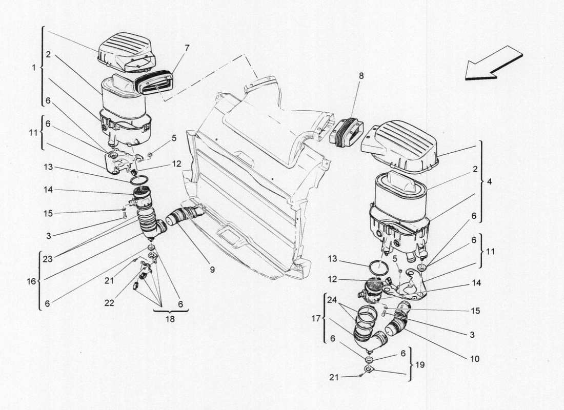 maserati qtp. v6 3.0 bt 410bhp 2wd 2017 diagramma delle parti del filtro dell'aria, della presa d'aria e dei condotti