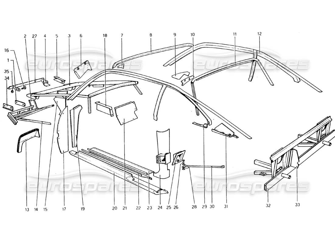 ferrari 308 gtb (1976) scocca - diagramma delle parti degli elementi interni