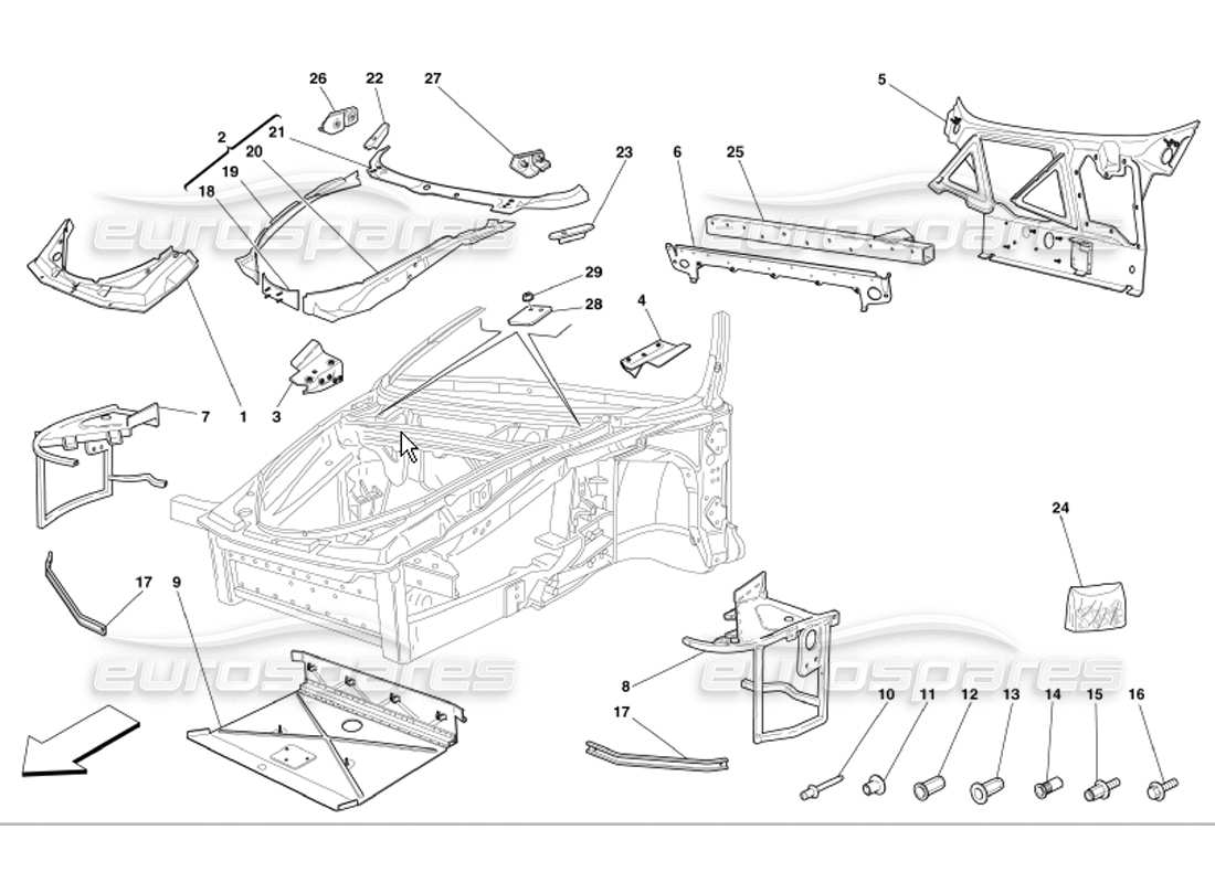 ferrari 360 modena schema delle parti delle strutture e delle piastre della parte anteriore completa del telaio