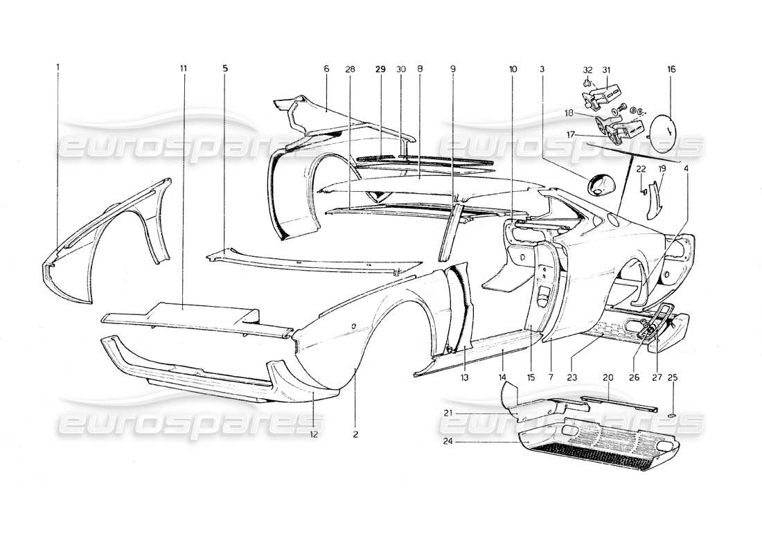 ferrari 308 gt4 dino (1979) scocca - diagramma delle parti degli elementi esterni