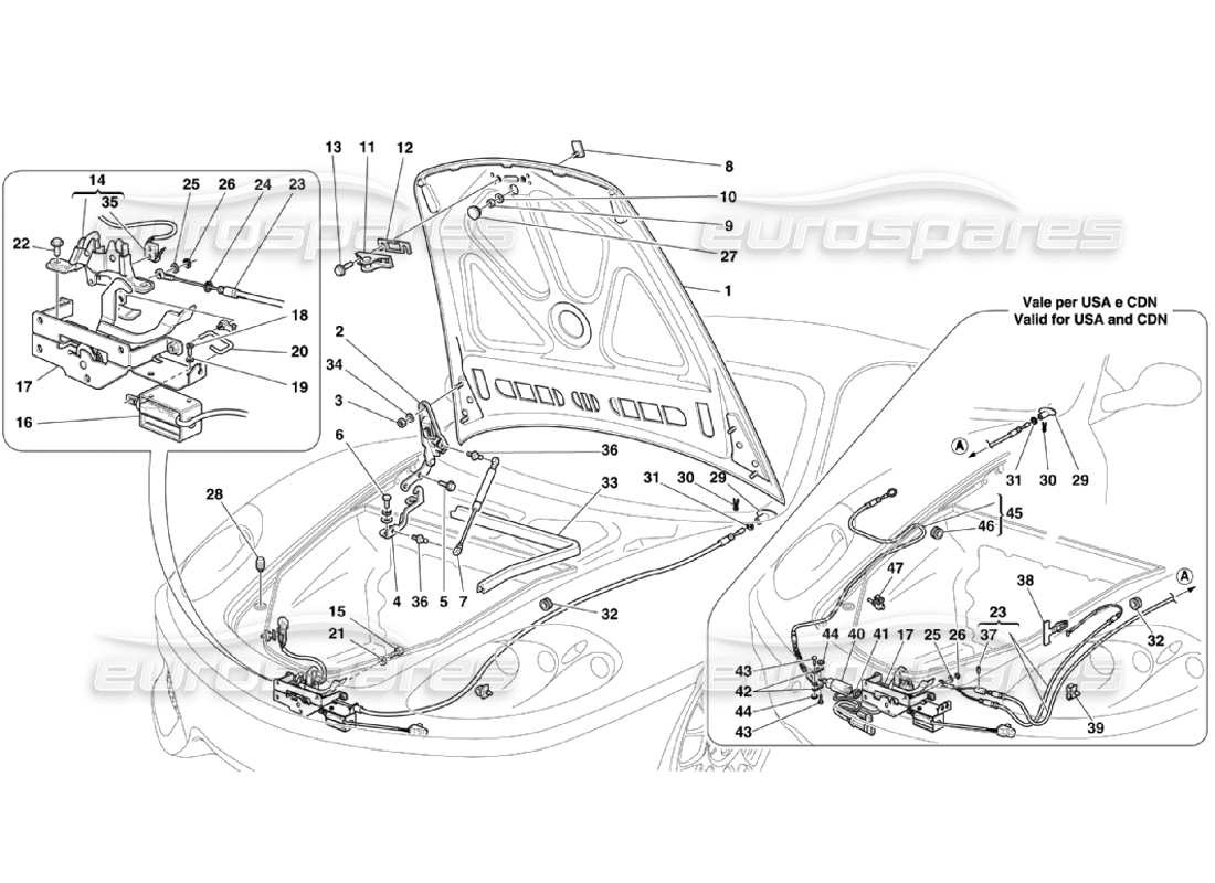 ferrari 360 challenge stradale cofano anteriore e dispositivo di apertura diagramma delle parti