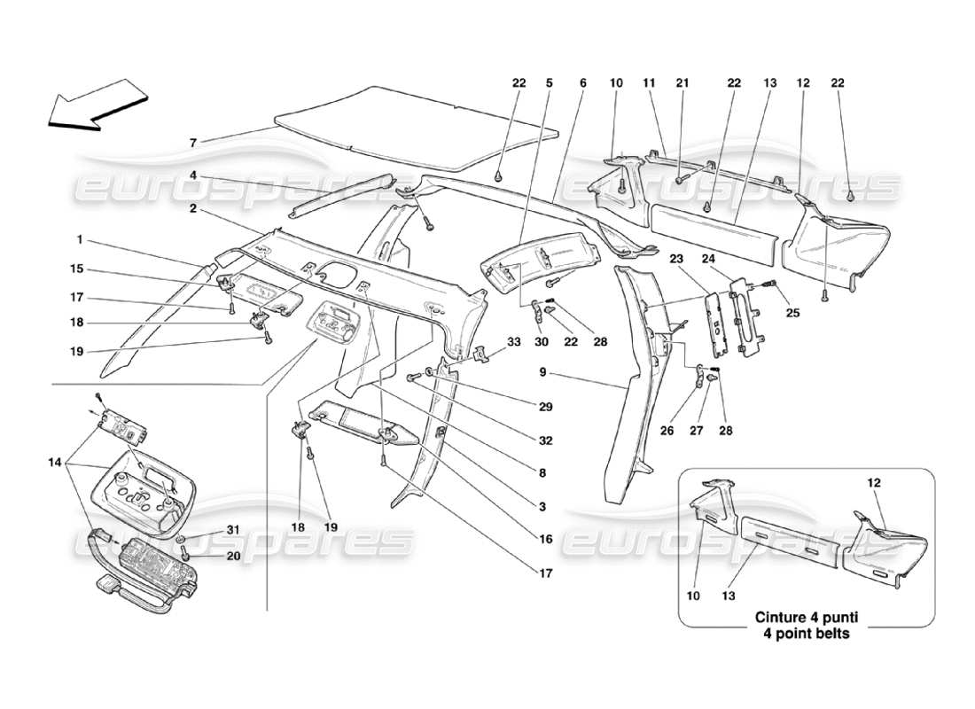 ferrari 360 challenge stradale rivestimenti e accessori del pannello del tetto diagramma delle parti