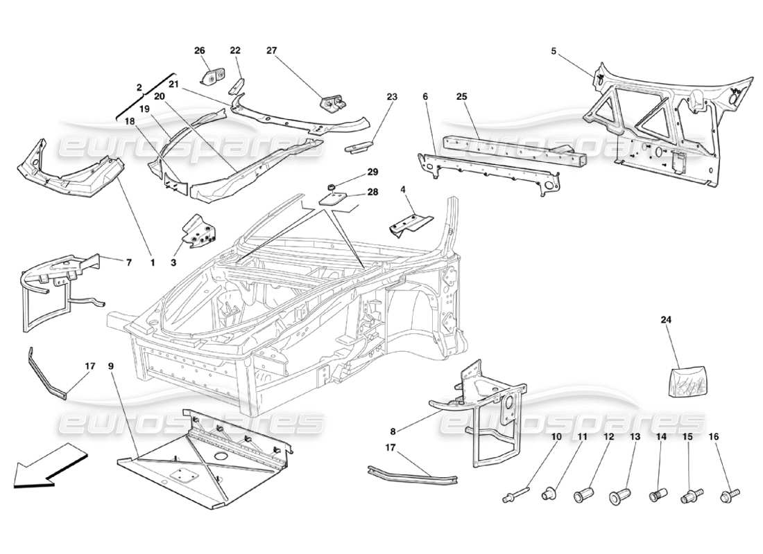 ferrari 360 challenge stradale telaio: diagramma delle parti complete delle strutture e delle piastre della parte anteriore