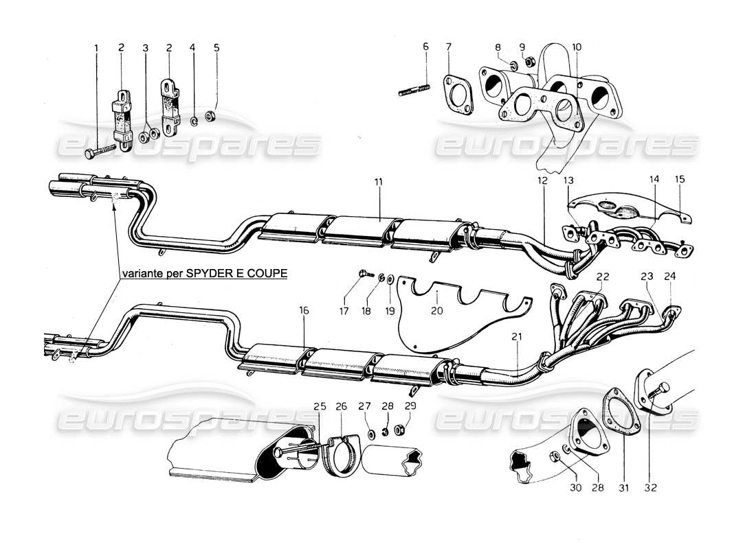 ferrari 275 gtb/gts 2 cam diagramma delle parti di scarico e collettori