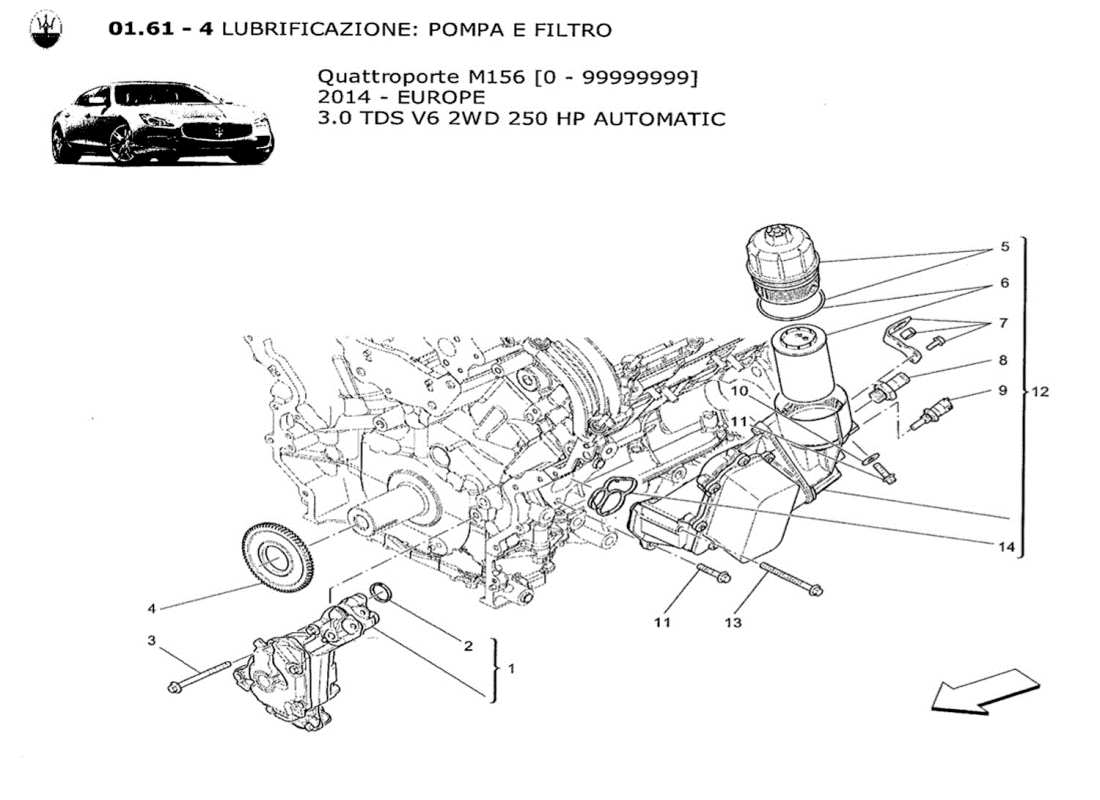 maserati qtp. v6 3.0 tds 250bhp 2014 sistema di lubrificazione: diagramma delle parti di pompa e filtro