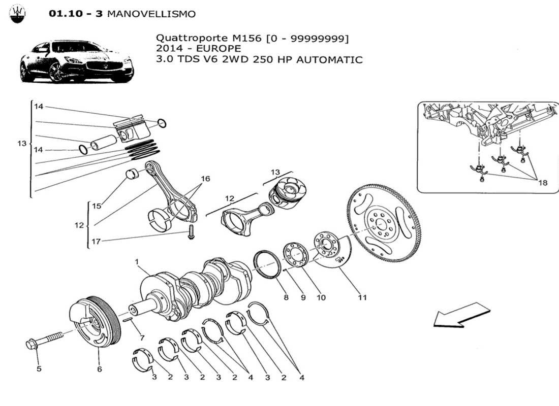 maserati qtp. v6 3.0 tds 250bhp 2014 diagramma delle parti del meccanismo a manovella