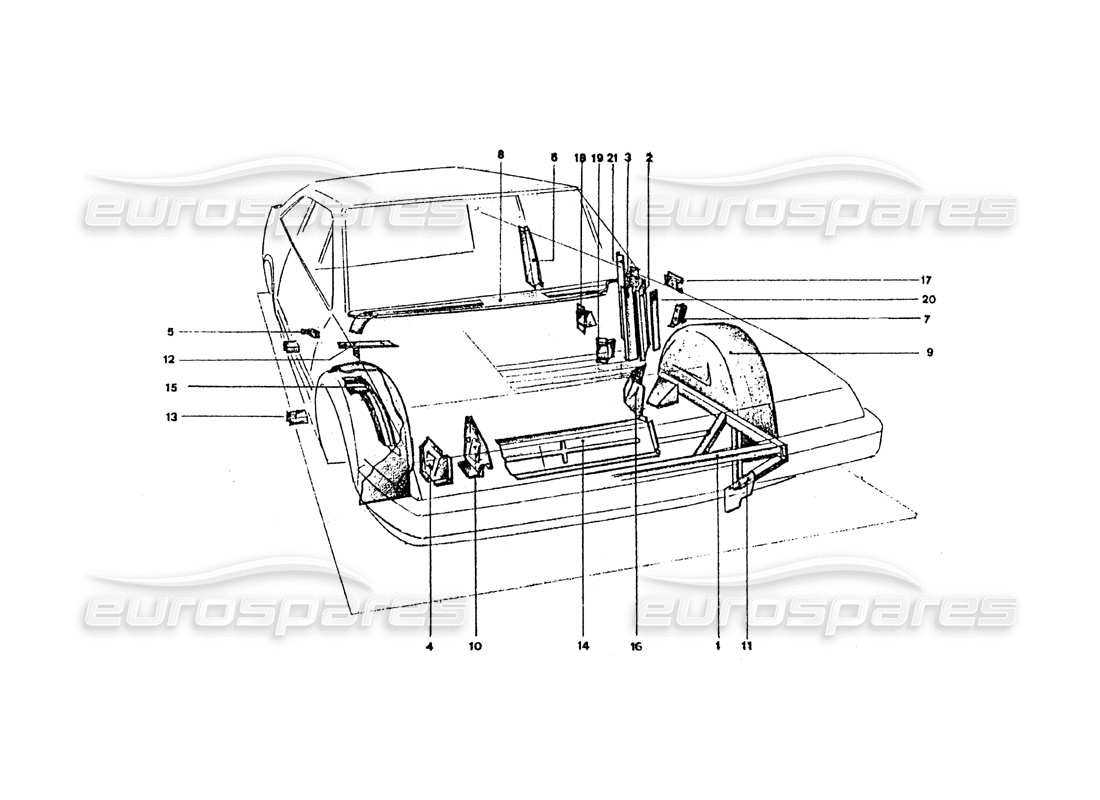 ferrari 365 gt4 2+2 coachwork schema delle parti delle protezioni e dei pannelli interni anteriori
