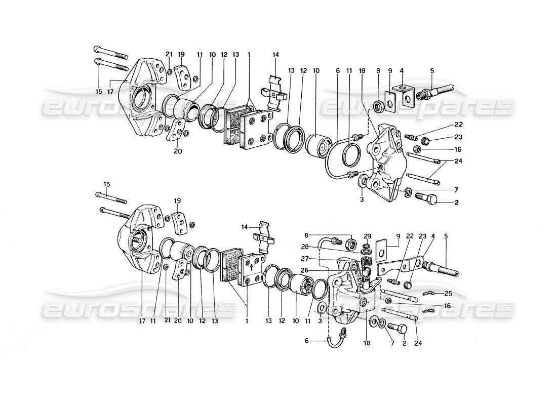 ferrari 308 gt4 dino (1979) schema delle parti della pinza per freni anteriori e posteriori