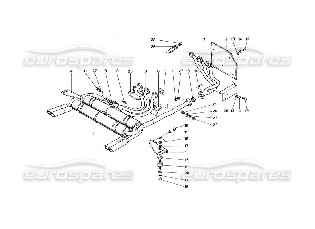 ferrari 246 dino (1975) assemblaggio tubi di scarico diagramma delle parti