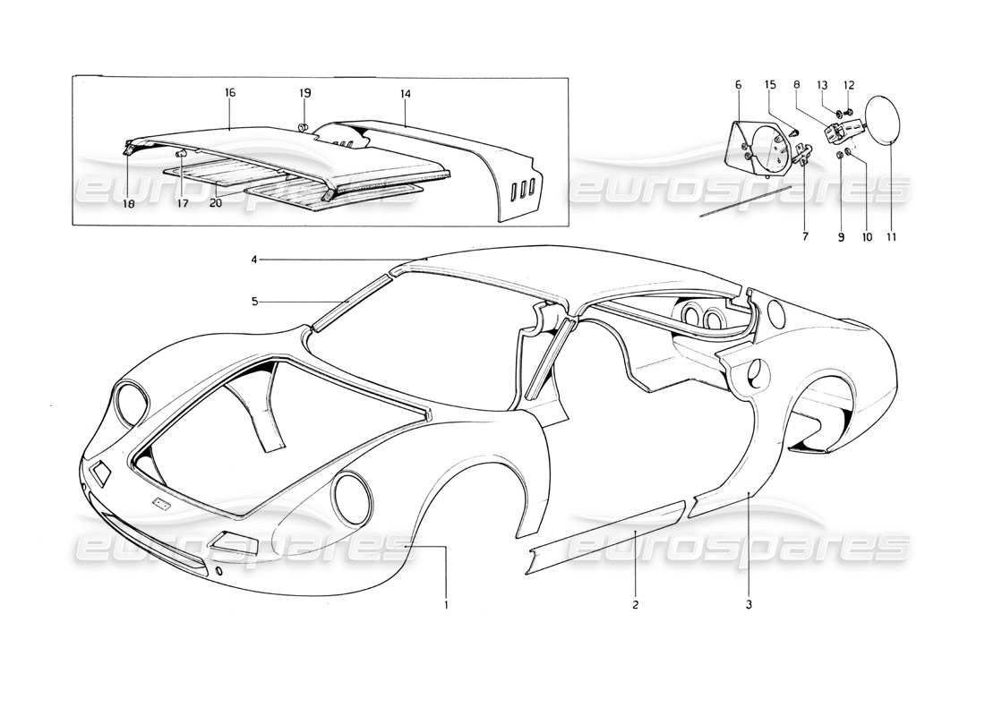 ferrari 246 dino (1975) scocca - elementi esterni diagramma delle parti