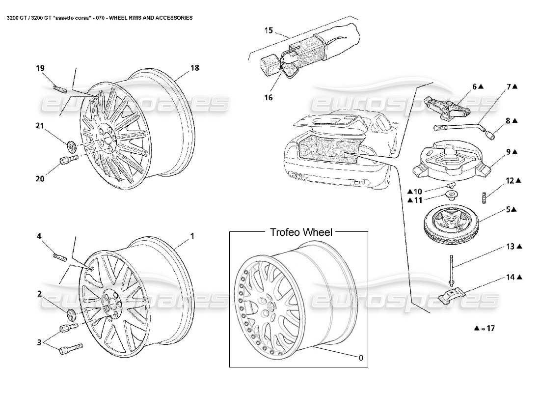 maserati 3200 gt/gta/assetto corsa diagramma delle parti di ruote e accessori
