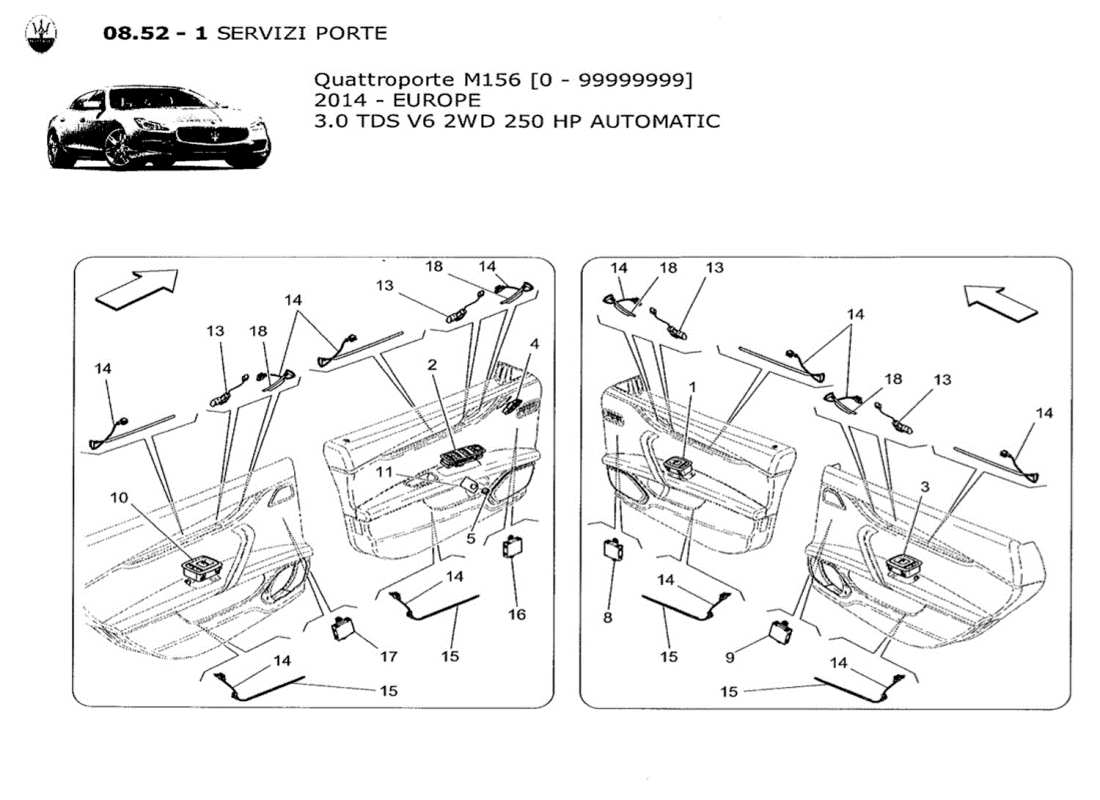 maserati qtp. v6 3.0 tds 250bhp 2014 diagramma delle parti dei dispositivi per porte