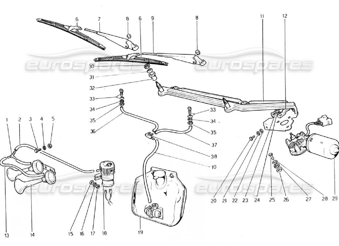 ferrari 308 gtb (1976) tergicristallo, rondella e avvisatore acustico diagramma delle parti