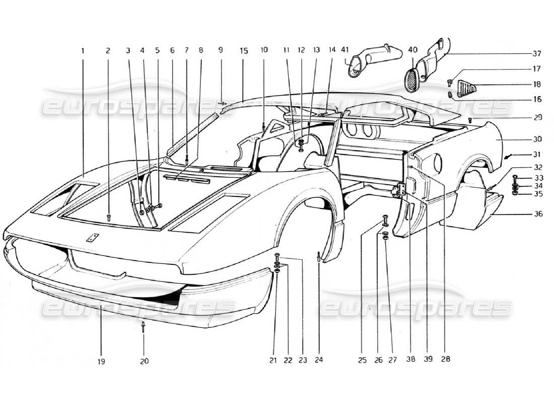 ferrari 308 gtb (1976) scocca - diagramma delle parti degli elementi esterni