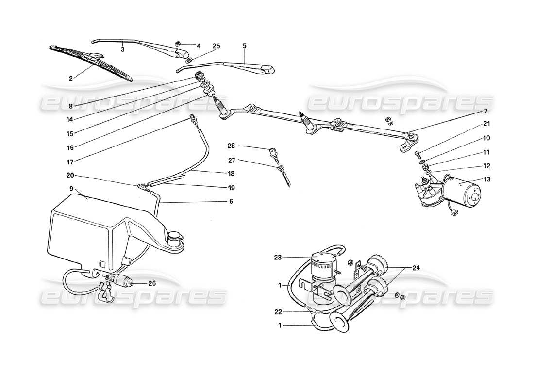 ferrari 208 turbo (1989) tergicristallo, rondella e avvisatori acustici diagramma delle parti